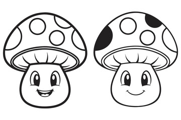 Two outlined cartoon mushrooms, one smiling and one laughing, isolated on white
