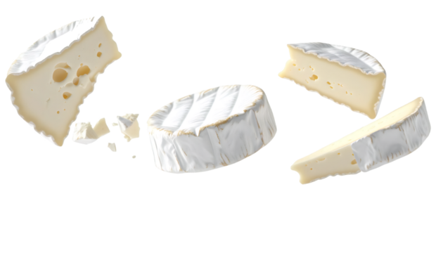 Soft brie cheese wheel and slices floating on transparent background