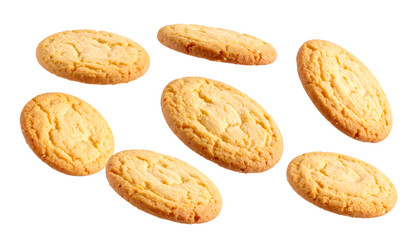 Multiple sugar cookies floating in the air with transparent background