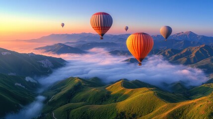 Fototapeta premium Sunrise hot air balloons over misty mountains