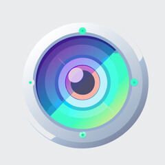 Camera lens icon on a white background, symbolizing photography and visual media.