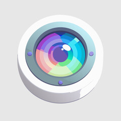Camera lens icon on a white background, symbolizing photography and visual media.