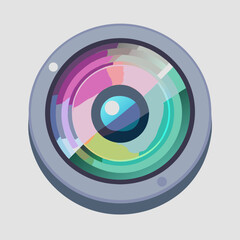 Camera lens icon on a white background, symbolizing photography and visual media.