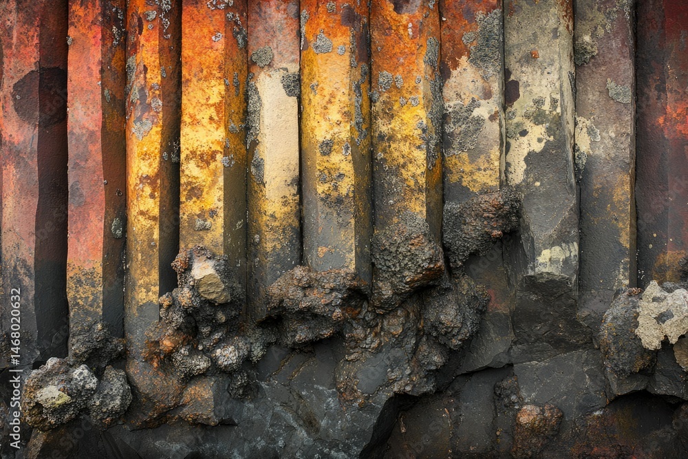 Poster abstract image of textured volcanic rock formations with varying colors and patterns, showing erosio