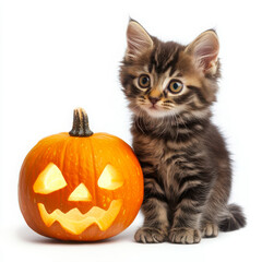 Cute kitten with jack o lantern on white background