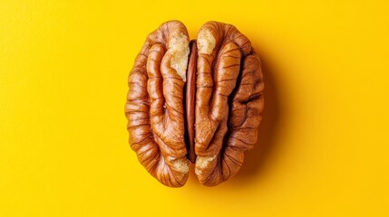 Obraz premium Isolated Pecan on Yellow Vibrant, Rich Brown Tones of Textured Nut Shell on a Bold Background