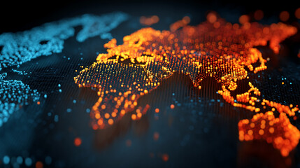 Abstract world map formed by glowing orange and blue particles, representing global connection, technology, or data flow