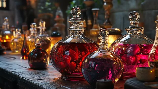 Colorful glass potion bottles filled with vibrant liquids in a mystical apothecary setting