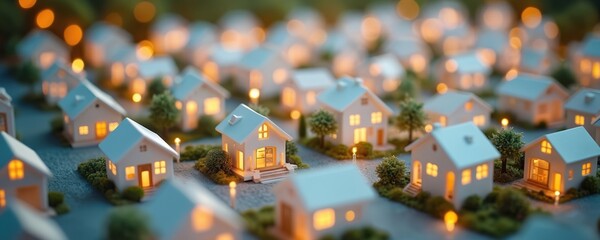 Miniature homes connected grid lit circuits. Futuristic residential living tech innovation. Smart city concept, modern housing for comfortable connected communities. Urban planning, eco-friendly,