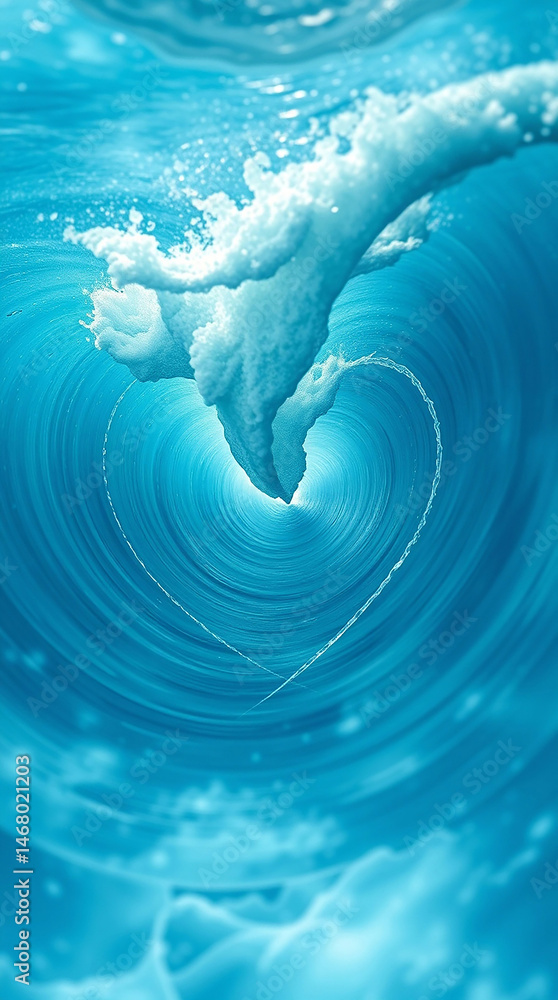 Poster surreal turquoise wave twists into a heart shape, creating a dreamy underwater scene with swirling w