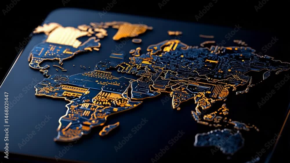 Poster world connected: a detailed close-up of a circuit board map of the world, symbolizing global interco
