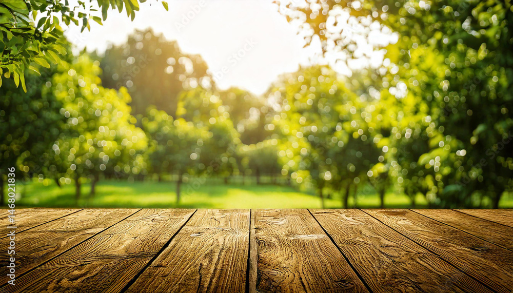 Aufkleber wooden planks creating a stage with a blurred background of green trees and grass, bathed in sunligh