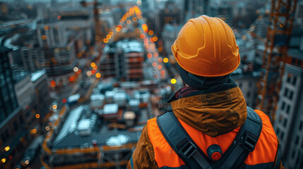 Obraz premium A construction worker in a yellow helmet surveys the city skyline at dusk, observing the urban landscape.