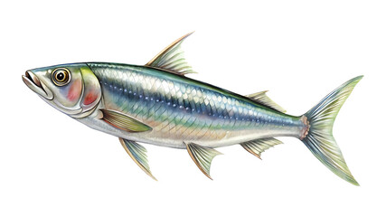 Fototapeta premium Beautiful watercolor painting of a glistening Alewife fish on a transparent background