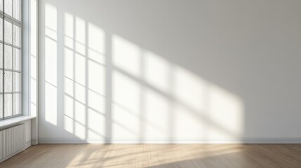 Obraz premium Sundrenched white wall with clean hardwood floors, empty room, and light.