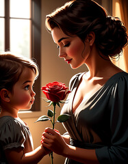 a child presenting a rose to a woman, likely for Mother's Day