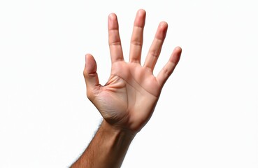 Man hand shows five count isolated on white background. Finger count, hand gesture. Male palm, fingers extended, gesticulation. Counting five, sign of number 5, index finger, thumb, middle finger.
