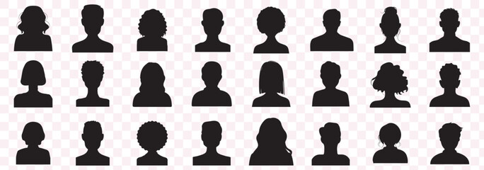 Men and women head business silhouette icon set. Human black avatar vector in line circle isolated on white. Male and female profile picture illustration.