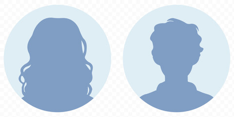 Male and female portraits, silhouettes, avatars or profiles of unknown anonymous people. Man, woman, people, African American. Black and white vector illustration. All objects are isolated.