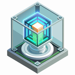 A cube with a glowing blue light emanating from its center, set against a neutral background.