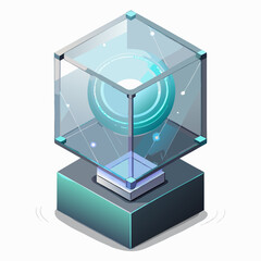 A cube with a glowing blue light emanating from its center, set against a neutral background.