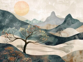 A serene landscape with organic shapes, earthy tones, and natural textures, highlighting sustainability and connection to nature 