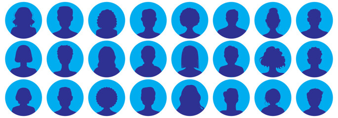 Men and women head business silhouette icon set. Human black avatar vector in line circle isolated on white. Male and female profile picture illustration.