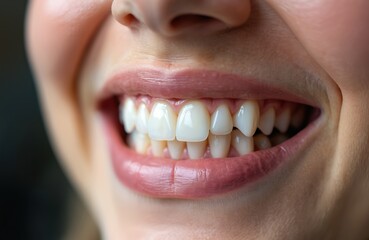 Close-up view of healthy smiling teeth. Woman mouth with perfect white teeth. Beautiful smile, pink lips. Dental health, cosmetic dentistry, oral care concept.