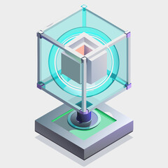 A cube with a glowing blue light emanating from its center, set against a neutral background.