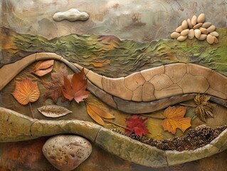A serene landscape with organic shapes, earthy tones, and natural textures, highlighting sustainability and connection to nature 
