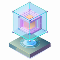 A cube with a glowing blue light emanating from its center, set against a neutral background.