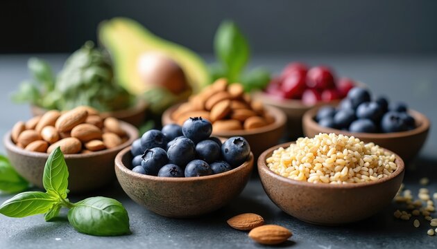 Assortment natural food sources rich biotin, promoting healthy lifestyle. Image nutritious fresh ingredients including berries, nuts, herbs. Ideal for healthy eating, vegan, vegetarian food options.