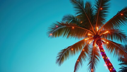 Palm tree decorated with vibrant lights against a clear blue sky. Holiday celebration, festive atmosphere. Tropical vacation, summer party decoration. Colorful illumination creates cheerful mood.