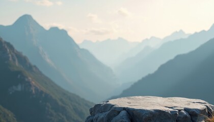 Empty stone platform mountains background for product display. Nature landscape with high mountain peaks in soft focus background. Mockup scene for advertising promotion. Wilderness, outdoor