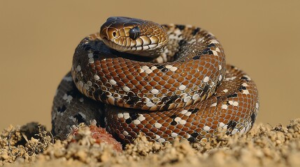 Fototapeta premium Snake mid constriction wrapping tightly around prey intense focus force Captured 200mm telephoto lens sharp detail snake powerful coil contrast against soft out of focus background highlighting