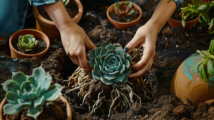 close up view of woman hands holding succulent plants in garden