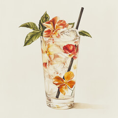 Colorful Cocktail Glass Illustration – Vintage Hand-Drawn Style with Tropical Drink, Ice and Garnish – Vector Art