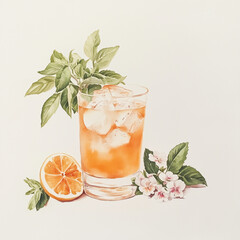 Colorful Cocktail Glass Illustration – Vintage Hand-Drawn Style with Tropical Drink, Ice and Garnish – Vector Art