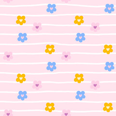 Seamless kawaii pattern with chamomile and daisy flowers in soft pastel colors. Cute vector design perfect for nursery decor, kids textiles, and wrapping paper