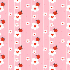Seamless kawaii pattern with ladybugs, chamomile flowers, and daisies in soft pastel tones. Cute vector design perfect for kids textiles, nursery decor, and wrapping paper