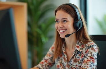 Smiling woman with headset at office desk using computer. Happy female worker provides customer service support. Cheerful business employee assistant in corporate call center.