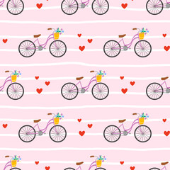 Seamless kawaii pattern with cute bicycles, flower baskets, and blooming spring details. Adorable vector design perfect for summer textiles, children wallpapers, and wrapping paper