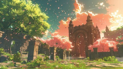 An epic fantasy anime landscape with glowing skies, intricate architecture, and vibrant colors, capturing a dreamlike atmosphere 