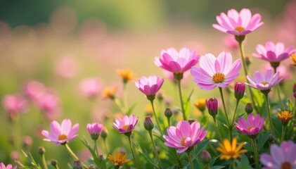 Obraz premium Delicate blush pink wildflowers carpet meadow, vibrant blooms , soft, blossom