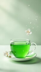 Fototapeta premium Jade green tea with jasmine blossoms, elegant white setting, picture, wellness, image