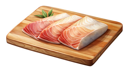 Three slices of fresh raw salmon fillets on a wooden cutting board
