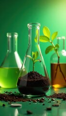 Laboratory glassware with green plant & compost, decomposition, organic materials, sustainable