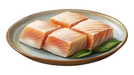 Beautiful still life illustration of fresh salmon cubes on a ceramic plate