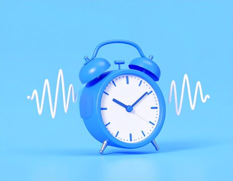 Reloj despertador en estilo dibujo animado en 3D con un fondo azul