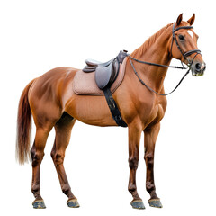 Elegant saddled chestnut horse standing poised, side view isolated on transparent background